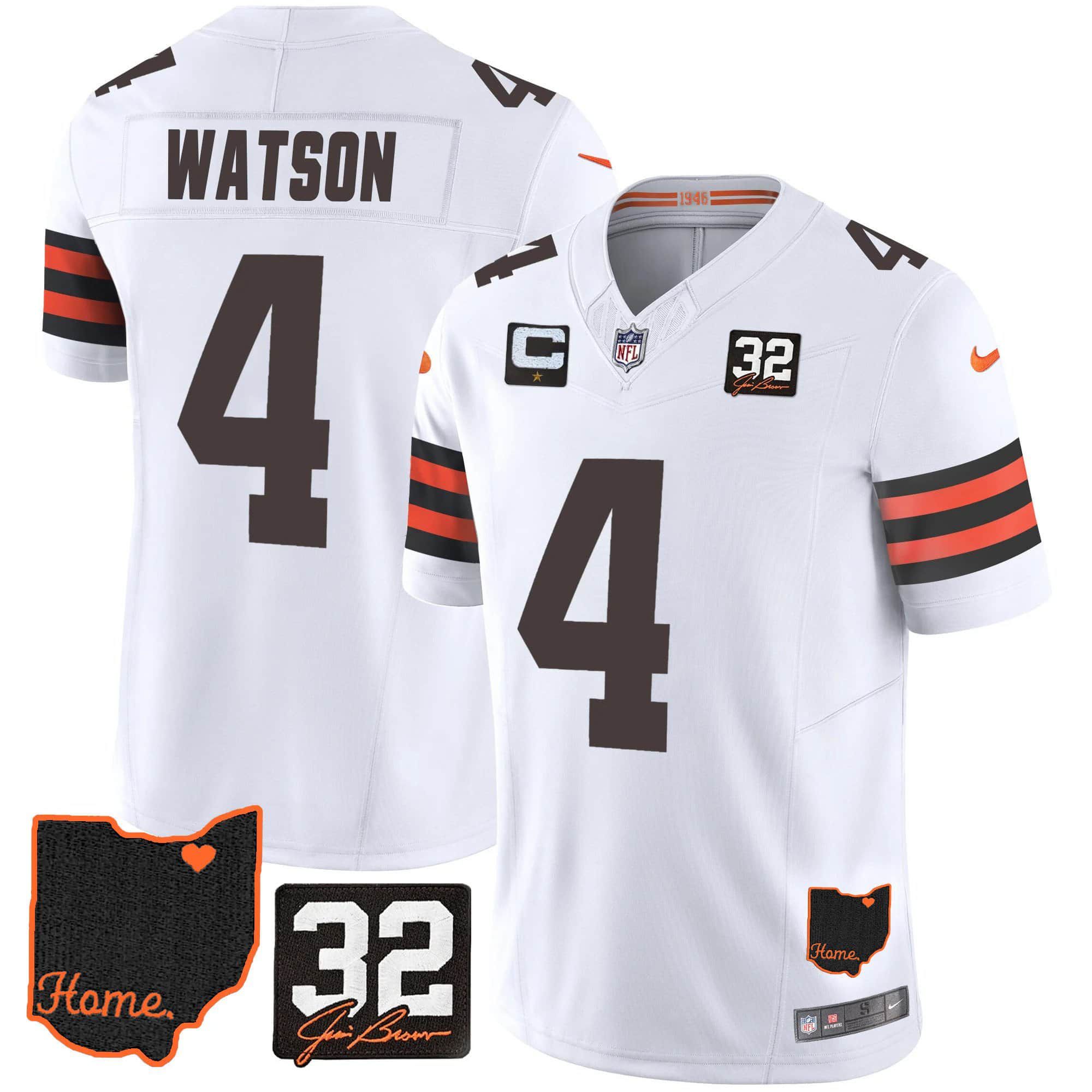 Men Cleveland Browns 4 Watson White Memorial Home Patch 2024 Nike NFL Jersey